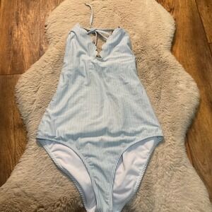 Jessica Simpson Swimsuit Size Large Tie Back Striped Blue White Ruffle One Piece